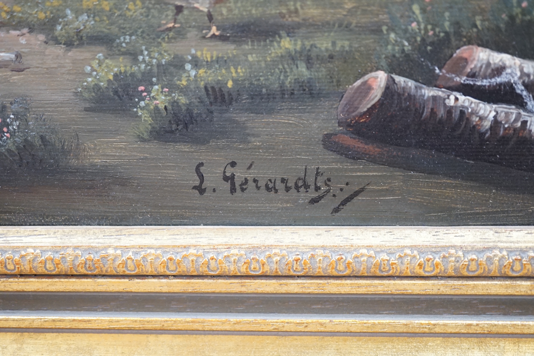 L. Gerardts (Dutch), pair of oils on canvas, Chickens before landscapes, signed, 24 x 34cm. Condition - fair to good